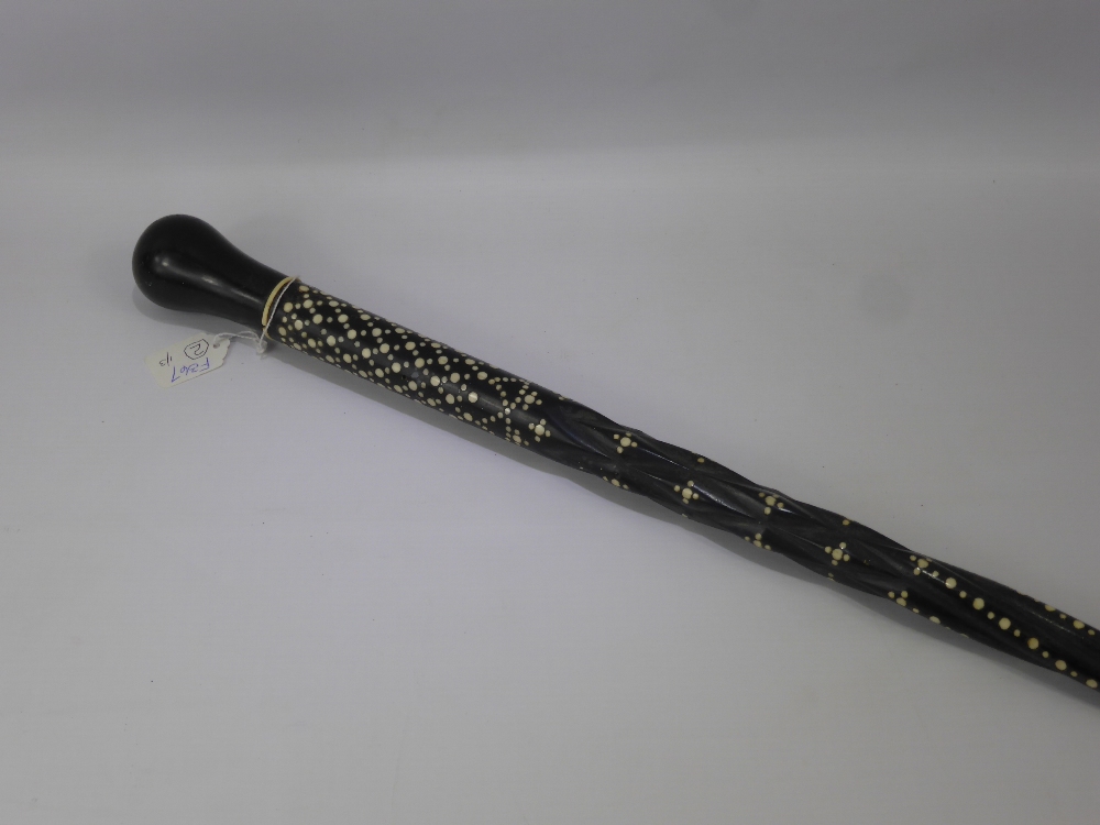 An Antique Ceylonese Ebony and Ivory Inlaid Walking Stick, a large leather crop together with a - Image 2 of 4