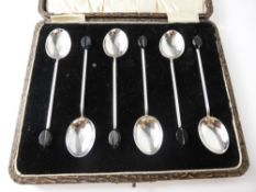 A Set of Six Coffee Spoons, in original presentation box. Birmingham hallmark mm S. Ltd dd 1949,