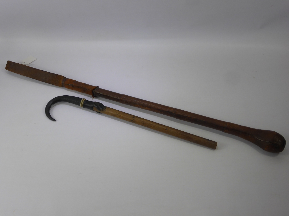 An Antique Ceylonese Ebony and Ivory Inlaid Walking Stick, a large leather crop together with a - Image 4 of 4