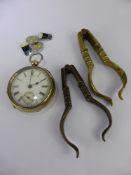Two Pairs of English 18th Century Hazelnut Crackers, together with an open face pocket watch and a