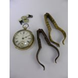 Two Pairs of English 18th Century Hazelnut Crackers, together with an open face pocket watch and a