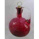 A Victorian Cranberry Glass Decanter, etched with fern design. (af)