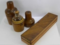 Miscellaneous Treen, including a rose wood pen box, two screw top bottle holders. (3)