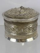 Antique Indian Silver Cylindrical Canister and Cover, embellished with animals to side frieze with