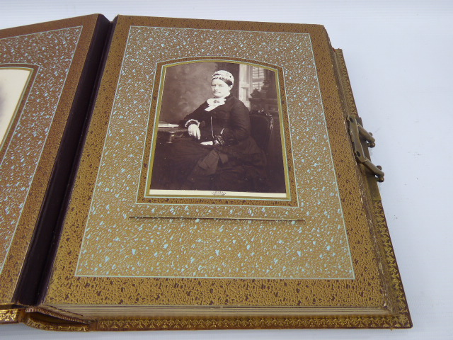 A Beautifully Worked Leather Bound Victorian Photograph Album, with many photographs of various - Image 5 of 30