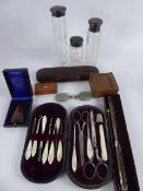 Miscellaneous Items, including a Mother of Pearl manicure set, three cut glass and silver topped