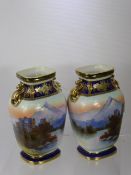 A Pair of Hand Painted Japanese Noritake Vases, depicting a tranquil lakeside scene, approx 20