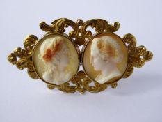 A Lady's Antique Yellow Metal Double 18 ct Gold Cameo Brooch, the brooch of floral fret work