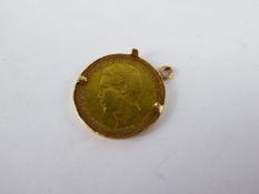 An 1865 Ludovicus I Portuguese 2,000 Reis Coin, in gold mount, approx wt 3.5 gms.