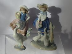 A Miscellaneous Collection of Lladro Figures, including two flower girls and two geese. (4)