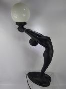 An Art Deco Figure Lamp Base, depicting a feminine nude supporting a globe shade, approx 71 cms