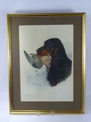 Boris Riab 1898 - 1975, a hand coloured engraving depicting a Gordon Setter carrying a wood