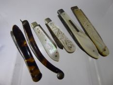 Four Antique Silver and Mother of Pearl Pen Knives, of varying designs, together with two Mother