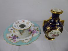 A 19th Century Meissen Ink Well, with hand painted floral decoration, crossed swords to base,