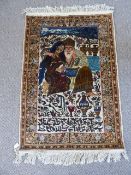 A Persian Pictorial Rug, with inscription and figural design, possibly silk, approx 113 x 77 cms.