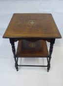 An Antique Rosewood Ivory Inlaid Square Tea Table, the table having turned legs with shelf below.