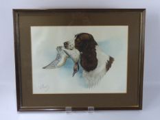 Boris Riab 1898 - 1975, a hand coloured engraving depicting a Spaniel carrying a Teal, approx 21 x