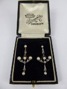 A Pair of Art Nouveau 18 ct White Gold and Platinum Natural Pearl and Diamond Drop Earrings,