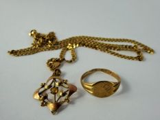 Miscellaneous 9 ct Gold Jewellery, including a chain, ring and pendant, approx 13 gms