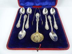 An Antique Coffee Spoon, Sugar Sifter and Sugar Nip Set, in the original box, Birmingham hallmark,