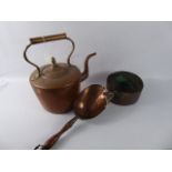 Miscellaneous Antique Copper, including a grain scoop, saucepan and a fireside kettle. (3)