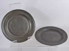 Two English Pewter Single Reeded Plates, with mm, approx 22 cms dia, circa 1720.