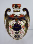 Late 19th Century Crown Derby Imari Pattern Twin Handled Vase, approx 14 cms, puce mark to base.