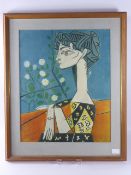 Pablo Picasso, a coloured print depicting a young woman seated beside a trellis of roses, approx