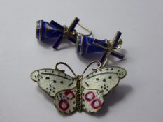A Norwegian Sterling Silver 925 Halllmark Butterfly Brooch, together with a pair of blue enamel