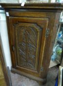 An Antique Oak Corner Cabinet, with decorative floral carving to door front, three internal