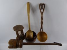 Miscellaneous Treen, including wine bottle coaster, spill vase, teak ships timber timer, washing