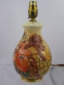 Moorcroft Lamp Base, finches design on ochre ground, approx 26 cms high with fittings.