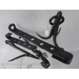 A Quantity of Antique Cast Iron Fireside Meat Hooks, four prong game hook, adjustable pot