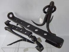 A Quantity of Antique Cast Iron Fireside Meat Hooks, four prong game hook, adjustable pot