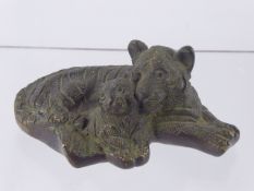 An Antique Chinese Metal Figure of a Tiger and Cub, approx 14 x 6 cms.