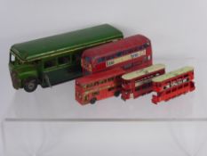 A Miscellaneous Collection of Tin Vintage Buses, including a Lesney toy tram and a Tri-ang Minic toy