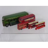 A Miscellaneous Collection of Tin Vintage Buses, including a Lesney toy tram and a Tri-ang Minic toy