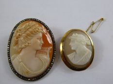 A Lady's Victorian 9ct Gold Cameo Brooch, depicting a classical profile together with one other