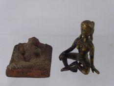 An Antique Hard Stone South East Asian Plaque of a Deity, approx 11 cms, together with a brass