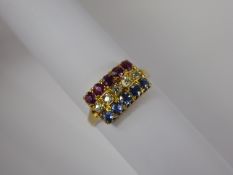 A Lady's 18 ct Yellow Gold Diamond, Sapphire and Ruby Ring, 5 x old cut dias, approx 18 pts, 5 x