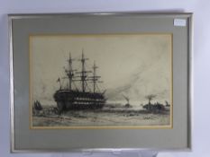 M. Paton-Cox, Etching of a Three Masted Ship in an Estuary, signed lower left, dated 1913, approx 30