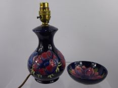 Moorcroft Lamp Base, anemone design on blue ground, approx 23 cms high with fittings, together
