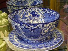 A George Jones & Sons, blue and white fruit bowl, together with two Cauldor plates.