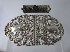 An Antique Solid Silver Nurse's Buckle, together with a silver miniature lidded canister, total wt