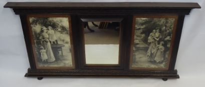 A Stained Oak Wall Mirror, in the Victorian style, with two figural panels depicting a family in a