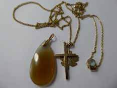 Miscellaneous 9ct Gold Jewellery, including a blue stone pendant of chain, 9 ct gold cross and maple