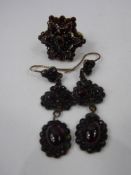 A Lady's Antique 9 ct Gold Garnet Cluster Ring, Size I together with a pair of garnet drop earrings,