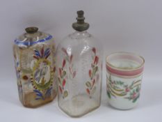 Two Bohemian Scent Bottles, hand painted with flowers together with a Bohemian hand painted vaseline