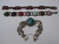 Three Vintage Silver Bracelets, one set with semi-precious cabachon stones and the other ceramic