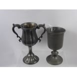 Two English Pewter Chalices, one with engraving, 19th century, one approx 20 cms, the other approx